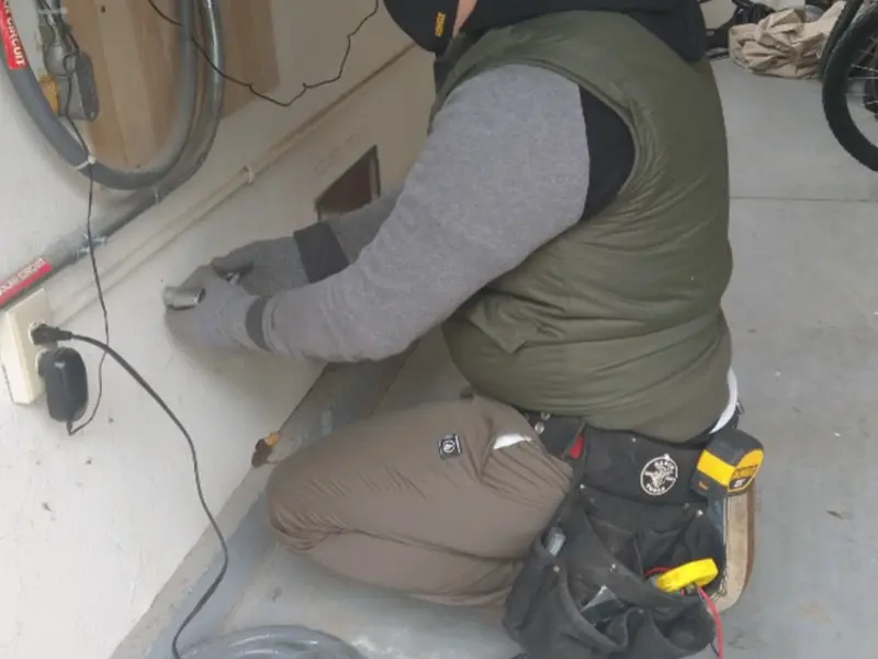 Electrician performing outlet wiring in a Siloam Springs garage